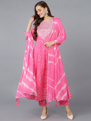 Pink Pure Cotton Bandhani Anarkali Kurta Trousers With Dupatta VKSKD1701