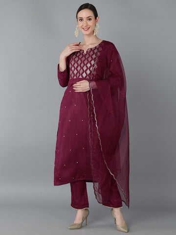 Burgundy Silk Blend Yoke Design Kurta Trousers With Dupatta PKSKD1610