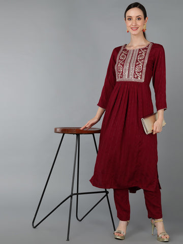 Maroon Silk Blend Yoke Design Solid Straight Kurta Set PKSET1176