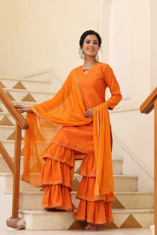 Orange Woven Design Kurti Sharara With Dupatta PKSKD1240