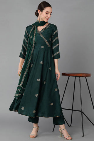 Green Silk Blend Anarkali Kurta Pant With Dupatta PKSKD1597