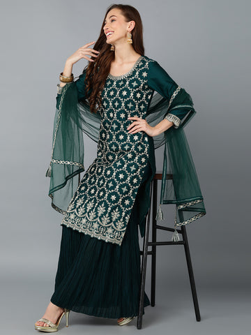 Green Silk Blend Embroidered Kurta Sharara With Dupatta PKSKD1865