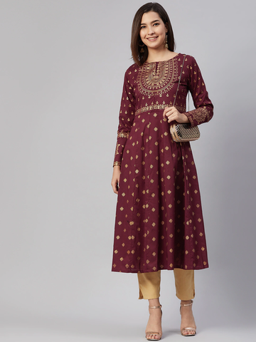 Cotton Maroon Ethnic Motifs Printed A-Line VCK8434