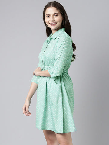 Green White Fit and Flare Dress with Waist Tie-Ups VD1071