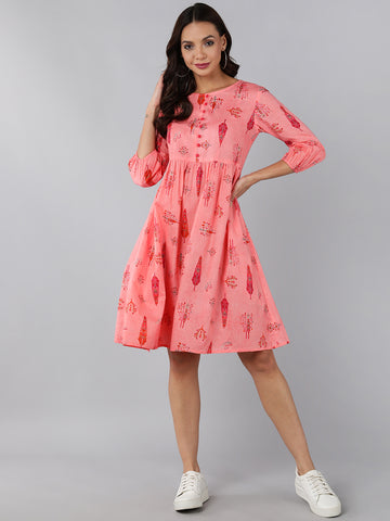 Pink Cotton Floral Print Fit & Flare Dress VD1189