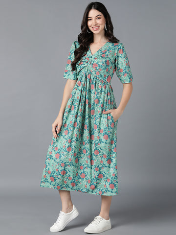 Sea Green Cotton Floral Printed Dress VD1262