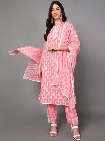 Pink Pure Cotton Ethnic Motifs Straight Suit Set VKSKD1427