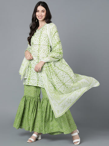 Green & White Pure Cotton Straight Kurta Sharara With Dupatta Set VKSKD1459