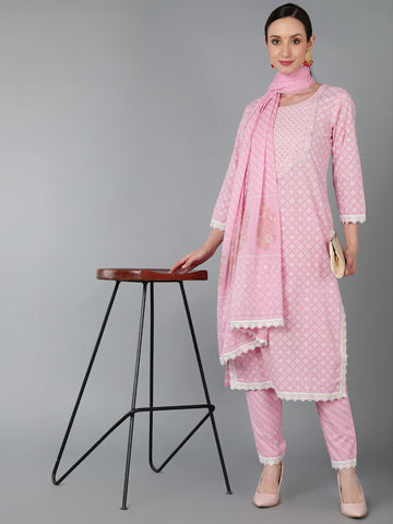 Pink Cotton Yoke Design Abstract Printed Straight Kurta Pant With Dupatta VKSKD1651