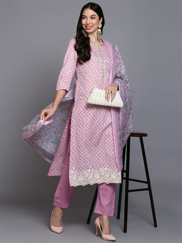 Pink Cotton Printed Suit Set VKSKD1913