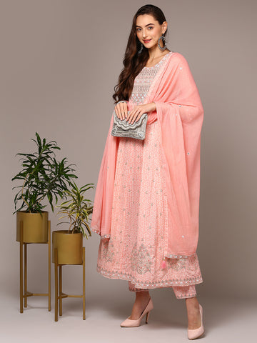 Pink Pure Cotton Embroidered Flared Suit Set VKSKD1962