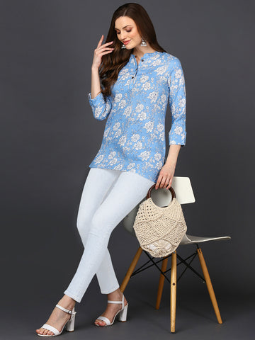 Light Blue Cotton Blend Floral Printed Straight Tunic VT1227