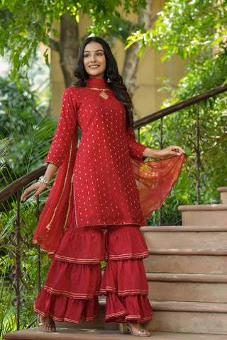 Red Poly Chanderi Straight Sharara Suit Set PKSKD1306