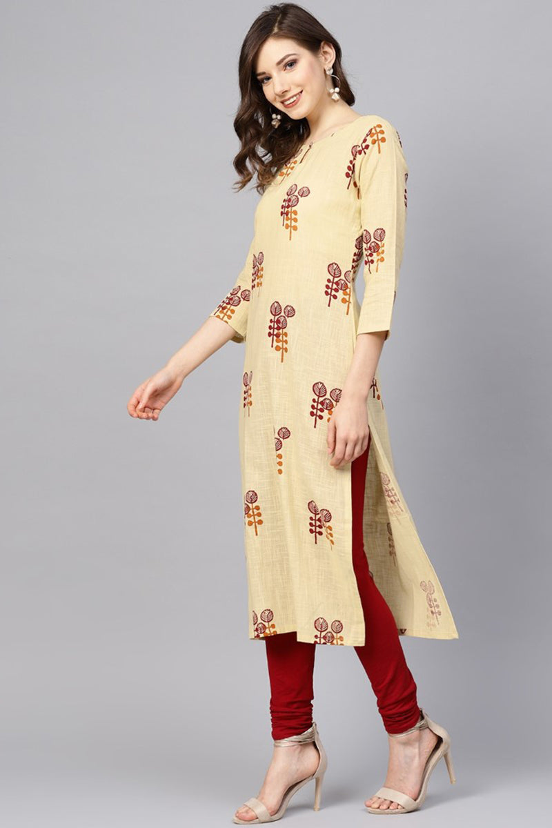 Ahika Women Regular Wear Printed Beige Color Simple Kurti