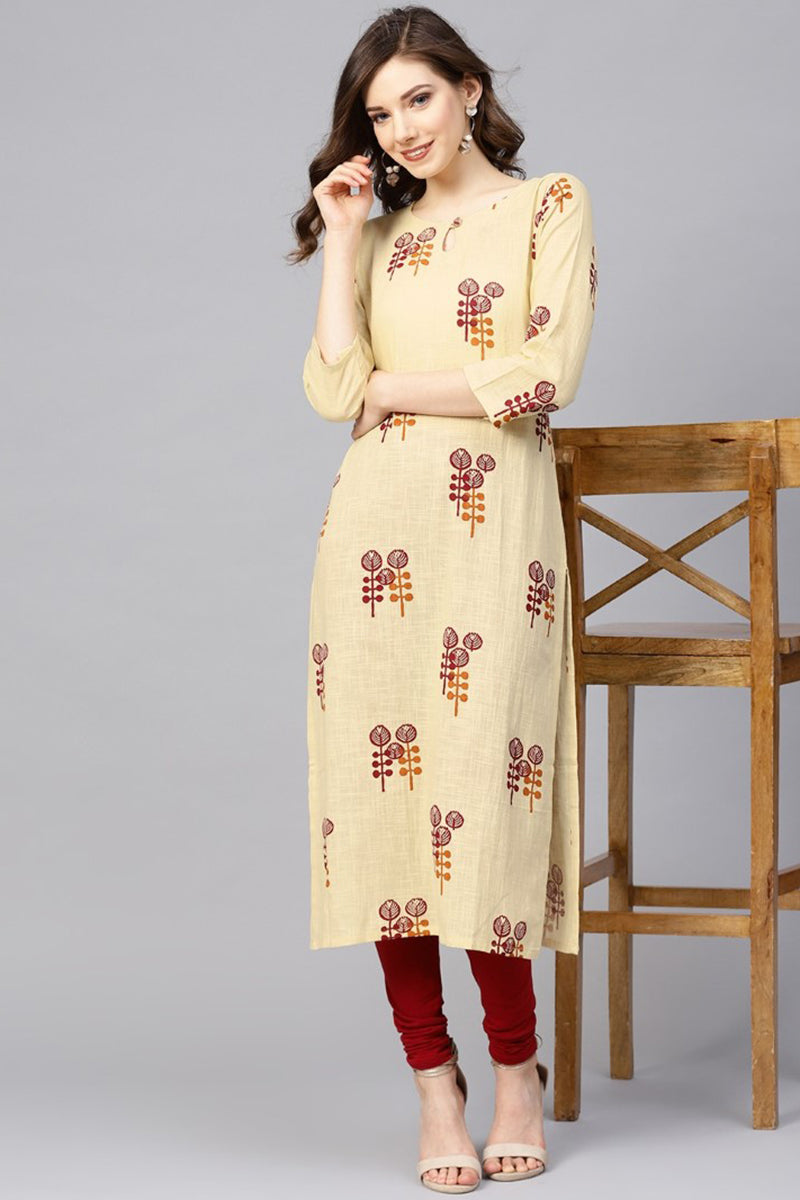 Ahika Women Regular Wear Printed Beige Color Simple Kurti