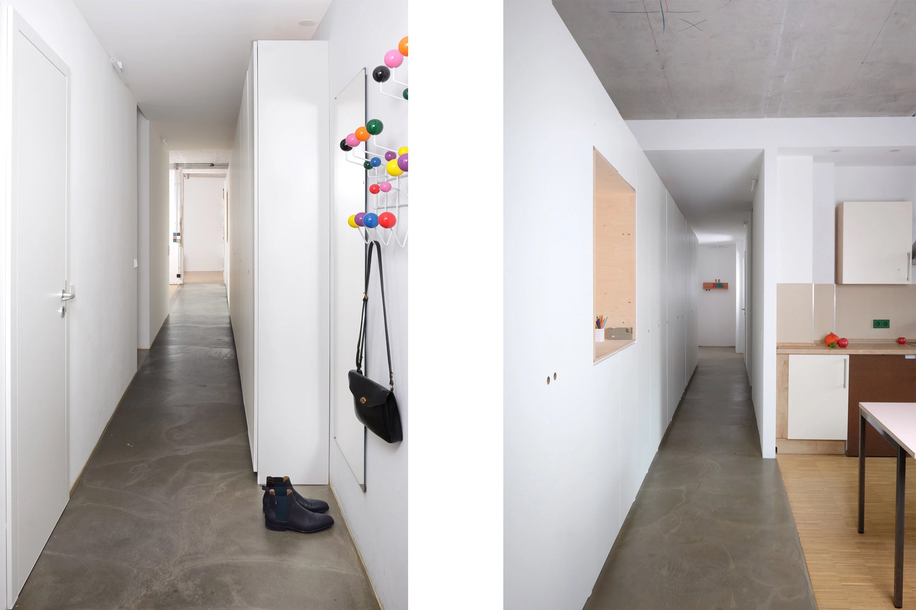 views of a long corridor with 9 meter of white cabinet