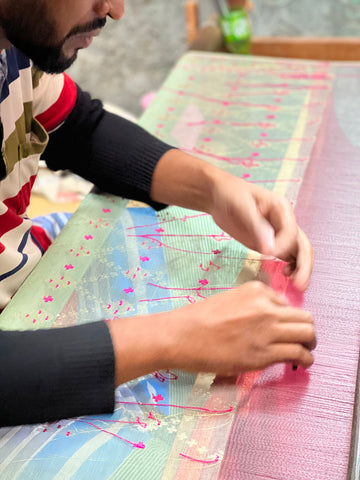 Skilled artisan working on a beautifully designed Jamdani without the help of any sketches, plates or guides.