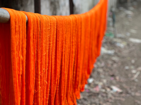 Hand dyed yarns being dried before going on the Jamdani looms