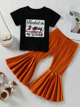 Girls Casual Trendy T-shirt With "Hooked On My Daddy" Print & Velvet Flared Pants Set