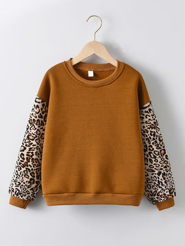 Pullovers For Girls Leopard Contrast Long Sleeve Fleece Sweatshirt