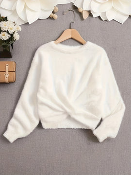 Solid Plush Twist Front Long Sleeve Sweater Kids Girls Elegant Knitwear Fall Winter Gift Christmas Halloween