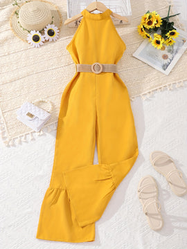 Girls' Bell-bottom Halter Casual Sleeveless Jumpsuit With Belt For Vacation Outfit