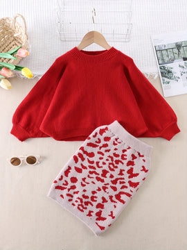 Kids Girls Round Neck Long Sleeve Sweater & Skirt Set Autumn And Winter