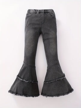 Girls Double Layer Patchwork Flare Denim With Pocket Elastic Waist For Spring And Autumn, Everyday