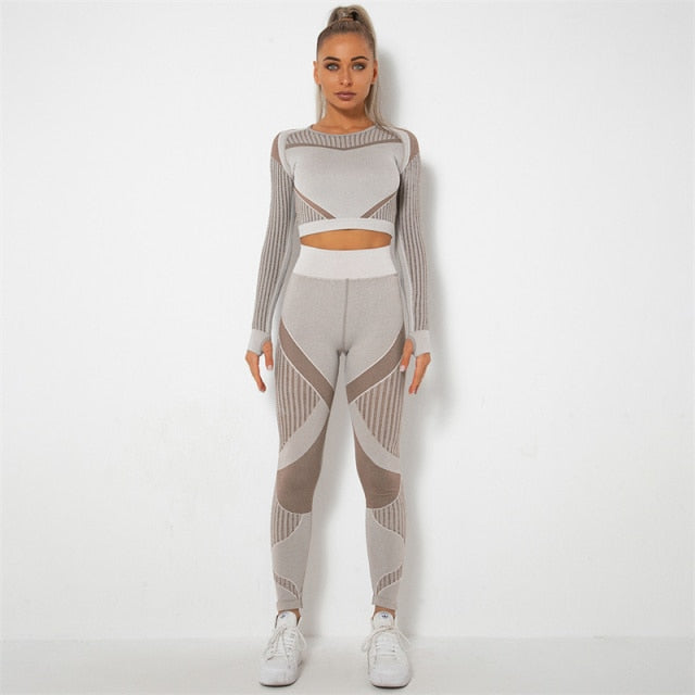 Workout Clothes for Women Seamless Hollow Out Yoga Long Sleeved Suit Fitness Long Sleeve Crop Top High Waist Leggings Sport Set
