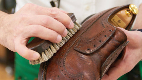 hands scrubbing clean a shoe