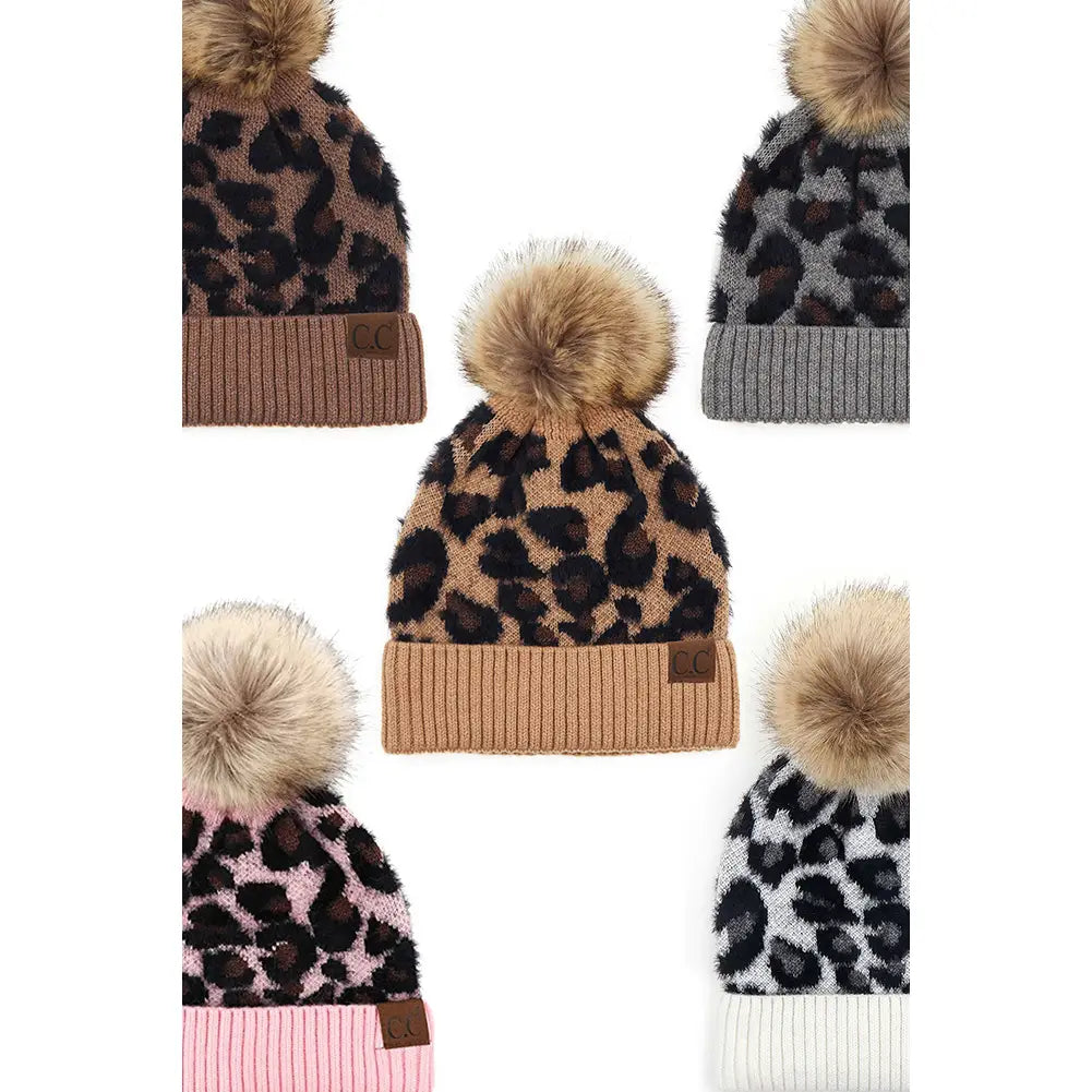 C.C Leopard Pattern Beanie Hat with Pom