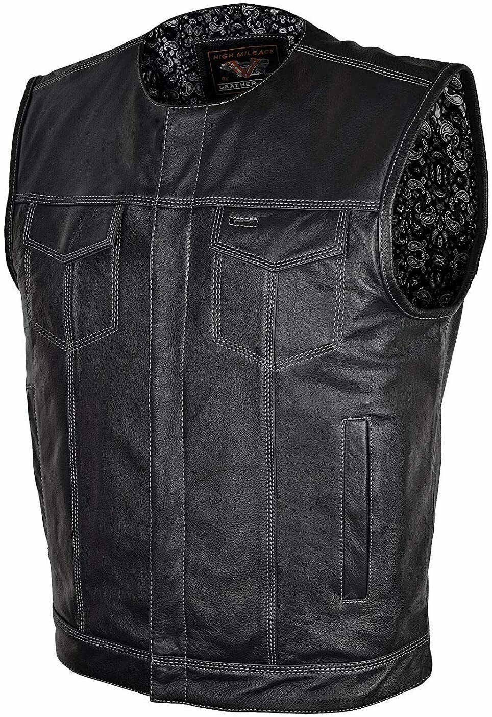 Men SOA Paisley Club Style Collarless Biker Motorcycle Concealed Leath ...