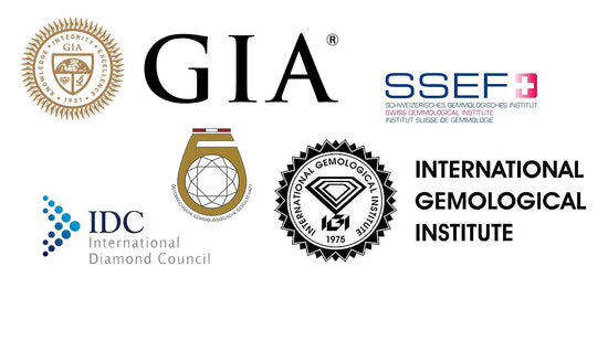 Diamond certificates, expertises, reports, GIA: Gemological Institute of America, IDC: International Diamond Council, IGI: International Gemological Institute, ÖGEM: Austrian Gemmological Society, SSEF: Swiss Gemological Institute