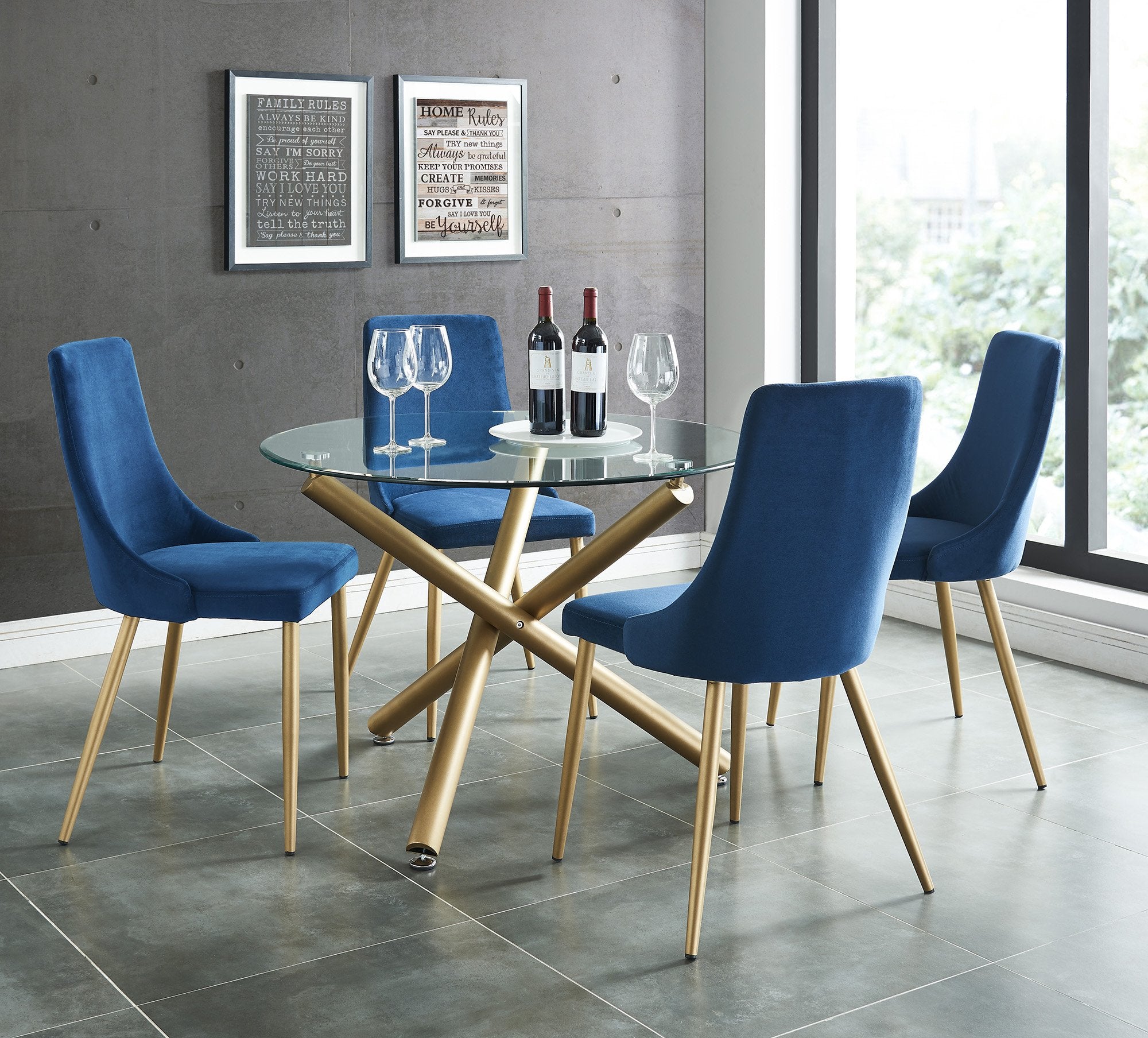 glass table blue chairs