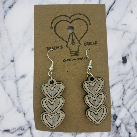 Triple Heart Earring,Wooden Earrings,Wood Earrings,Valentines Earrings,Unique Earrings,Trendy Earrings,Sweetheart Earrings, Gold/Ivory