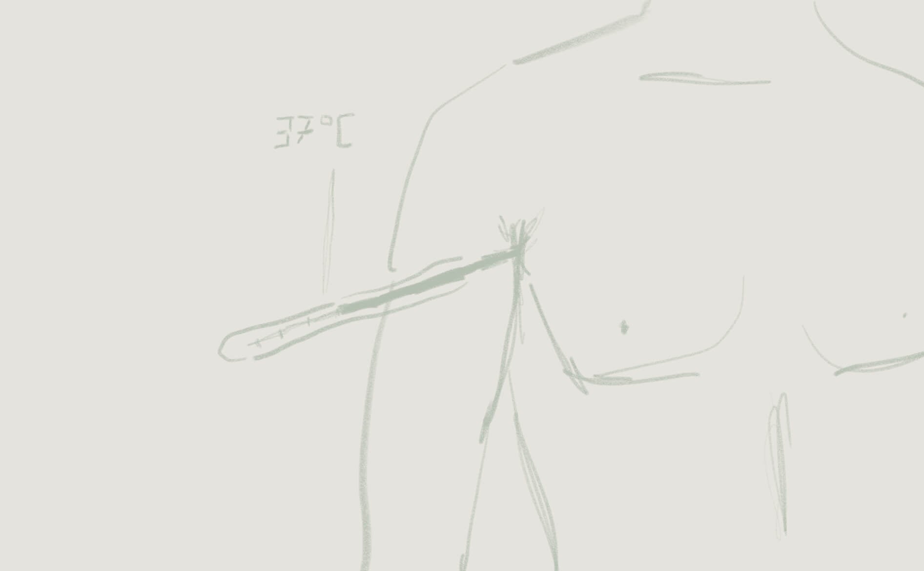 Drawing of upper body with thermometer showing 37°C