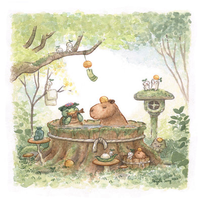 Watercolor painting of a sauna made out of a large tree stump, in the middle of a sunny forest clearing. A capybara and a green kappa sit in the bath, with small white forest spirits around the scene.