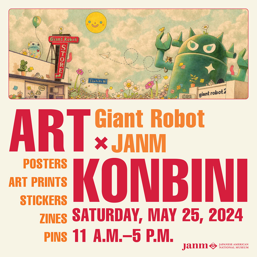 Flyer for an event, spelled out is Art Konbini, the flyer features an illustration of the Giant Robot store and the GR2 gallery in a cartoon style with a robot, cat, birds, and post it notes on the ground.