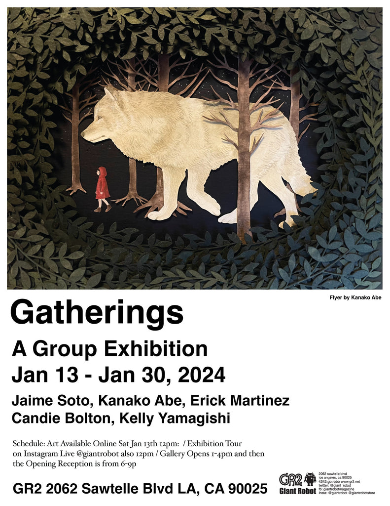 Flyer for Gatherings featuring a wolf that is paper cut and walking through a forest like background which is also paper cut. It's has great contrast and the art is by Kanako Abe.