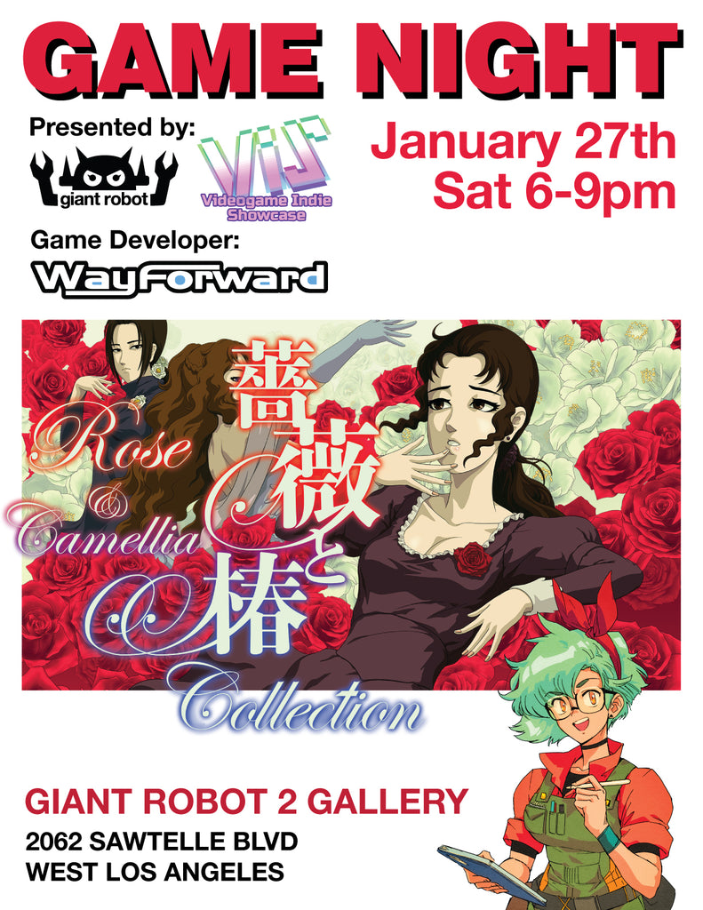 Video game night flyer with a girl animated style.