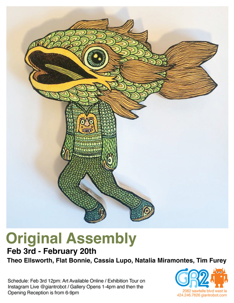 Art exhibition flyer with a fish headed human drawn cartoon style and it's on wood and green toned.
