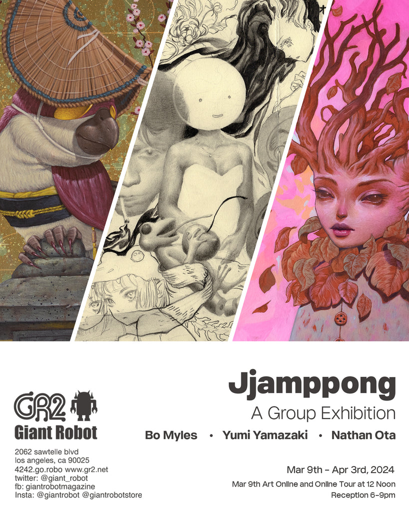Jjamppong A Group Exhibition featuring a bird with hat on left by Nathan Ota, a black and white drawing by Yumi Yamazaki that's a collage, and a woman with branches for hair by Bo Myles.