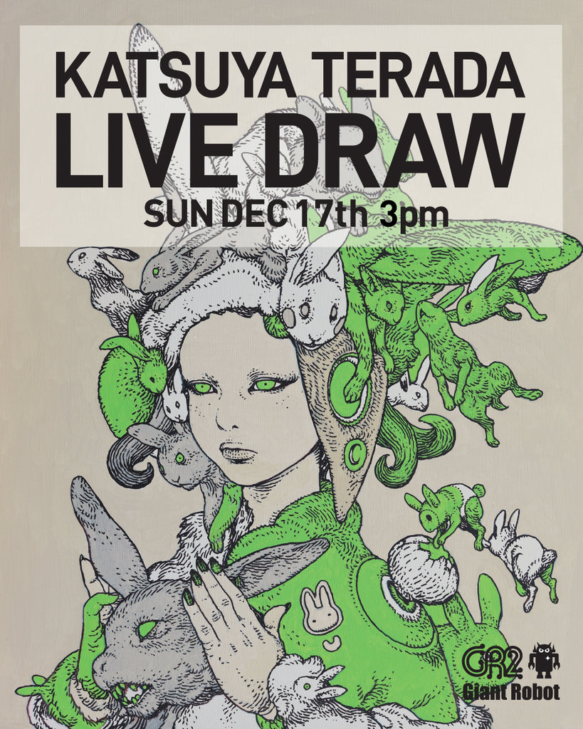 Flyer with image of woman holding a rabbit head with green details. It's mostly monochrome and is a fun image with bugs nearby.