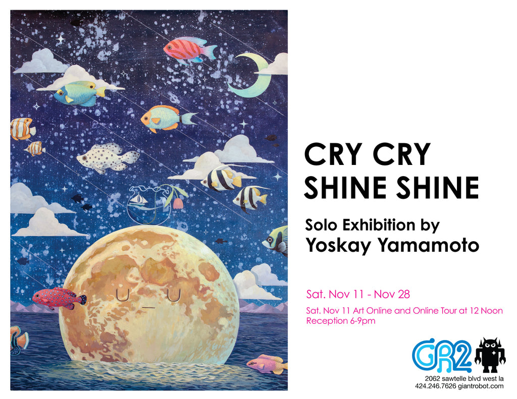 Cry Cry Shine Shine poster for art exhibition that features an image on the left side with fish swimming and a large moon with a face rising or setting into the ocean.