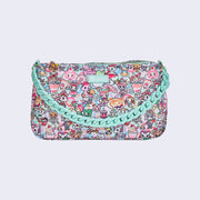 Rounded edge rectangular bag, with a mint blue plastic chain link strap to sling closely over the shoulder. ag has a small "tokidoki" nameplate on the upper center and is covered completely in a busy pastel color pattern featuring tokidoki characters with cafe food and drink imagery.