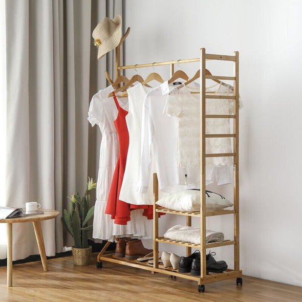 Rolling Bamboo Wooden Clothes Rail Coat Hat Hanger Garment Stand