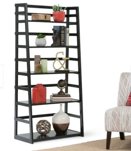 Normandy SOLID WOOD 63 inch x 30 inch Transitional Ladder Shelf Bookcase - 30"w x 15.9"d x 63"h Sometimes a Room Calls for a Light - Black