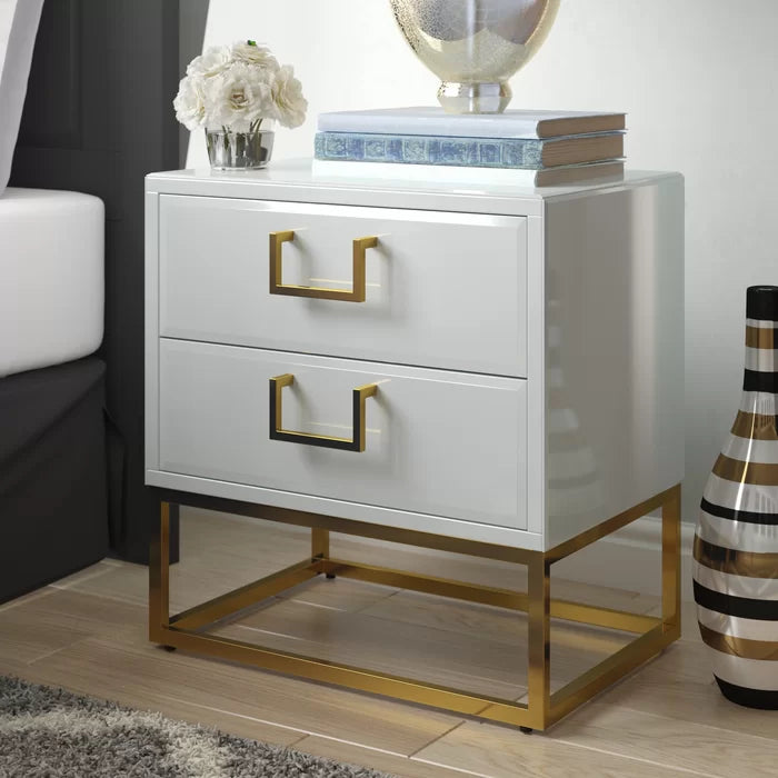 White/Gold Kemble 24'' Tall 2 - Drawer Stainless Steel Nightstand