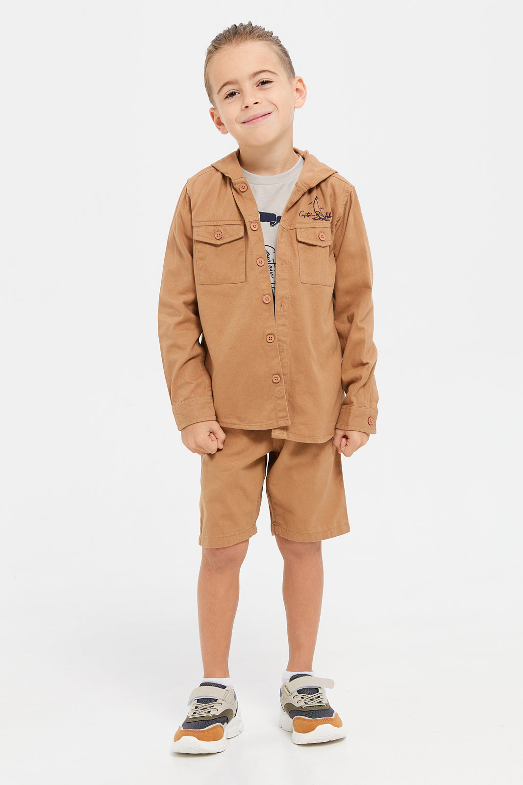 

Boys Brown And Beige Hooded Shirt And Short Set (3 Piece)