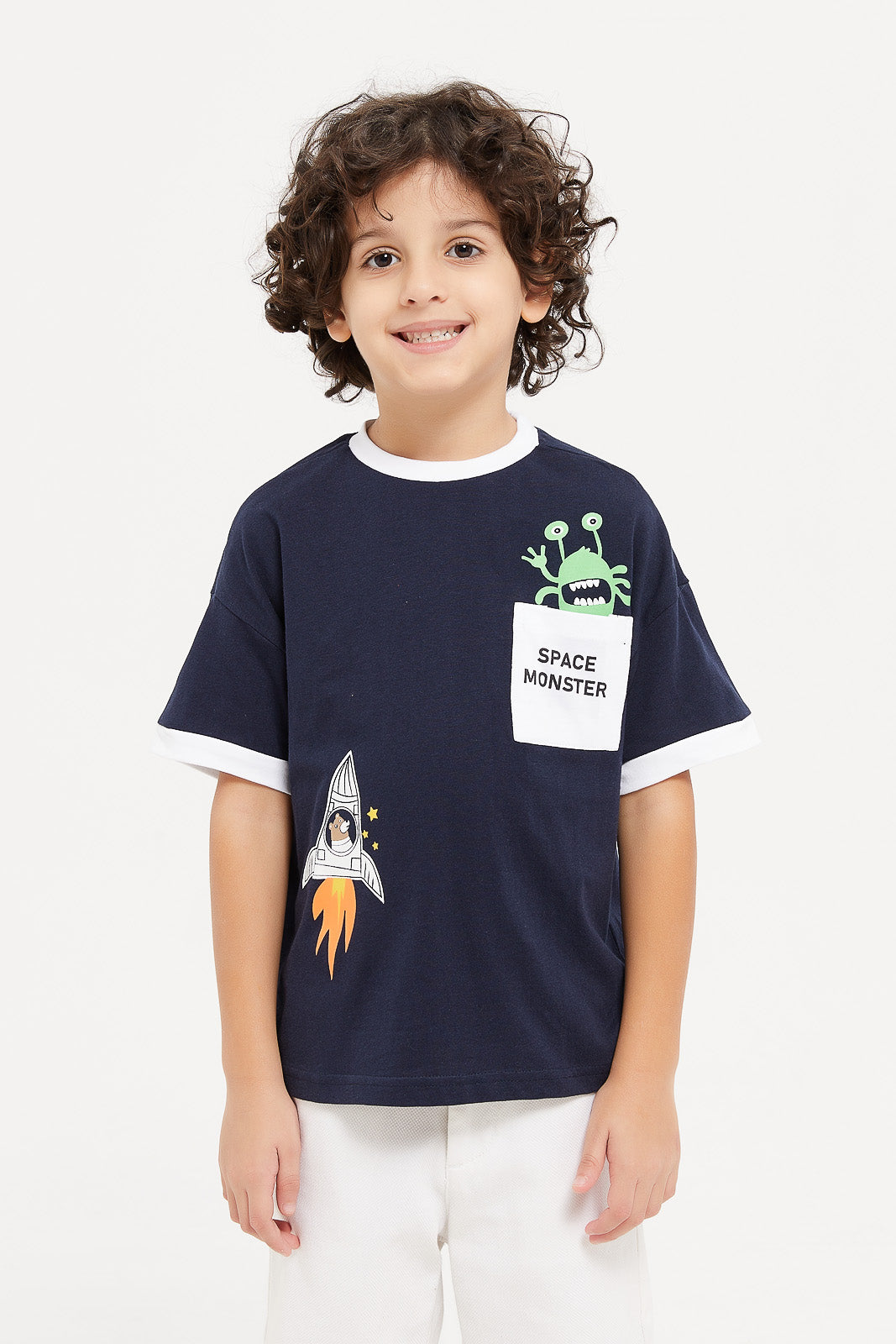 

Boys Navy Monster Pocket Print T-Shirt